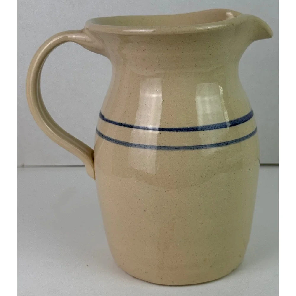 Vintage Marshall Pottery Handcrafted Double Blue Band Pitcher 7-3/4